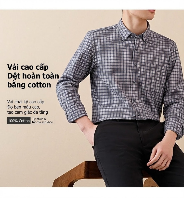 Áo Sơ Mi Tay Dài Nam Cotton Kẻ Caro Mài Lông Phong Cách Công Sở chi tiết 7