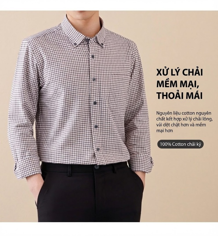 Áo Sơ Mi Tay Dài Nam Cotton Kẻ Caro Mài Lông Phong Cách Công Sở chi tiết 8