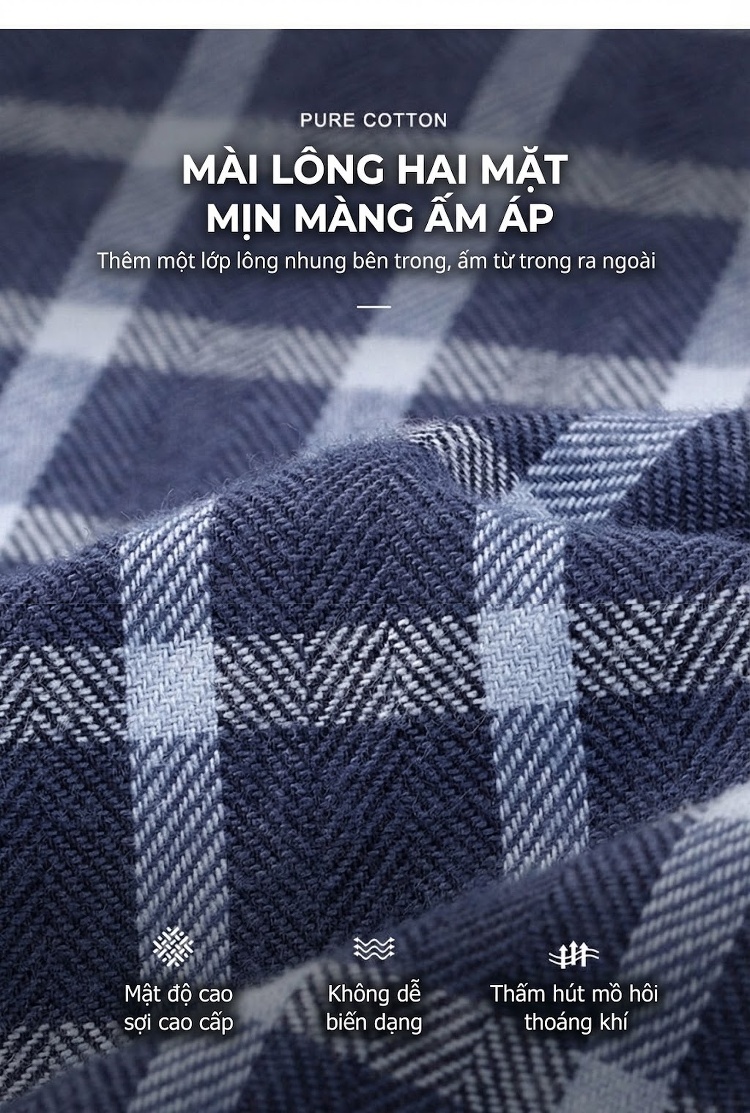 Áo Sơ Mi Tay Dài Nam Cotton Kẻ Caro Mài Lông Phong Cách Công Sở chi tiết 3