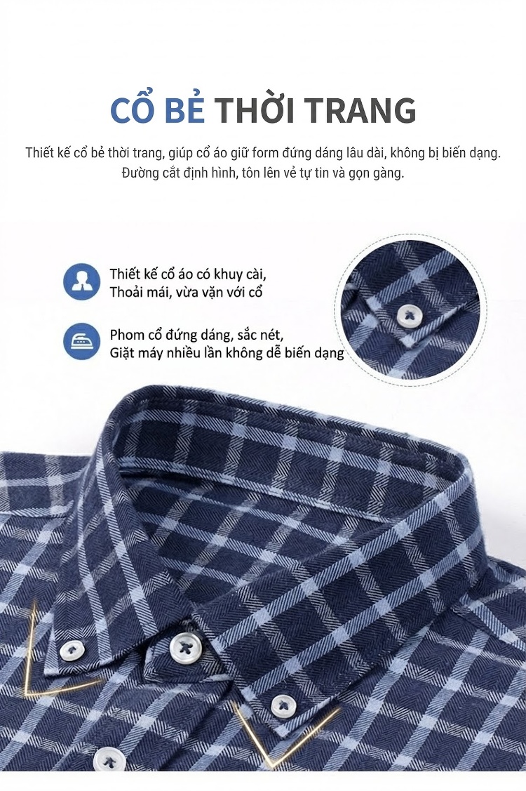 Áo Sơ Mi Tay Dài Nam Cotton Kẻ Caro Mài Lông Phong Cách Công Sở chi tiết 13