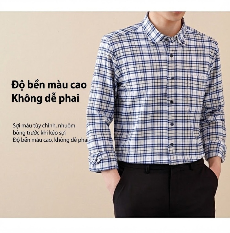 Áo Sơ Mi Tay Dài Nam Cotton Kẻ Caro Mài Lông Phong Cách Công Sở chi tiết 9