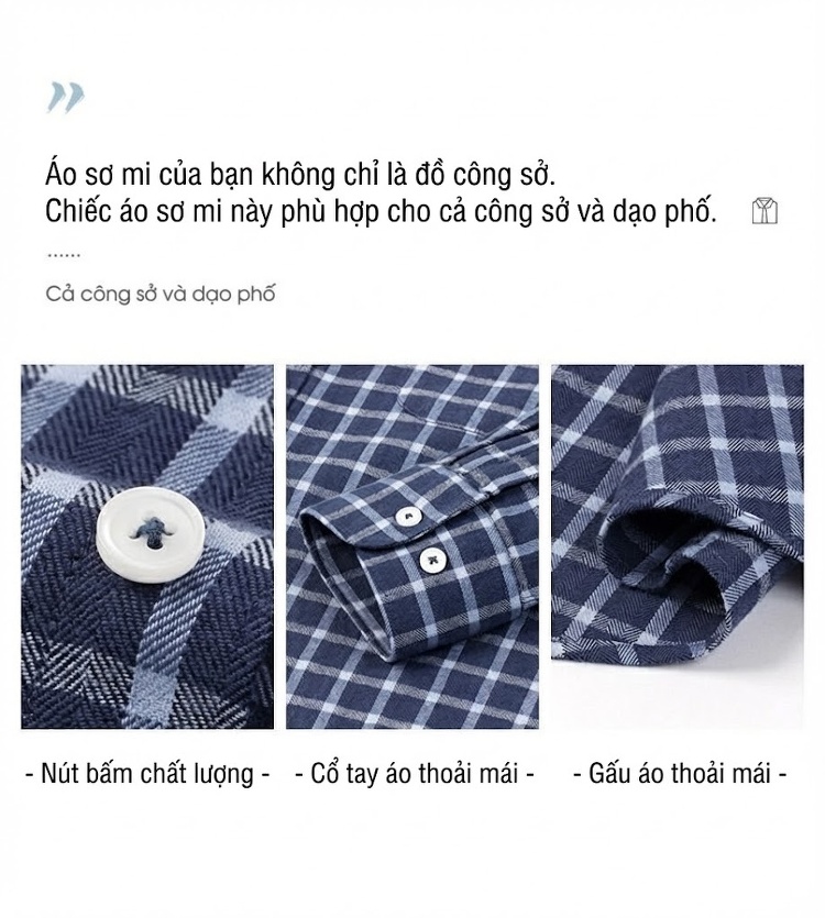 Áo Sơ Mi Tay Dài Nam Cotton Kẻ Caro Mài Lông Phong Cách Công Sở chi tiết 14