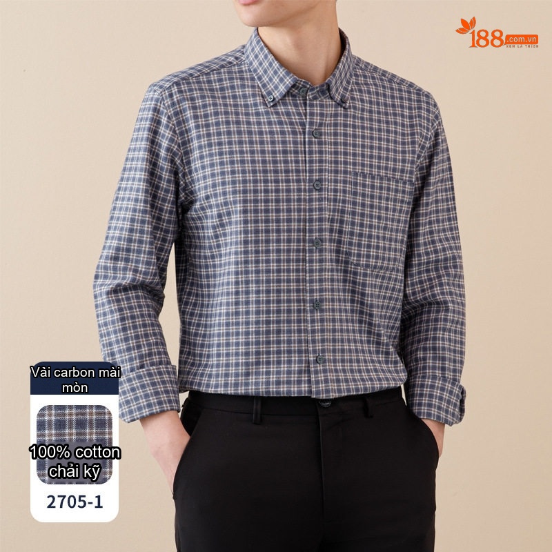 Áo Sơ Mi Tay Dài Nam Cotton Kẻ Caro Mài Lông Phong Cách Công Sở