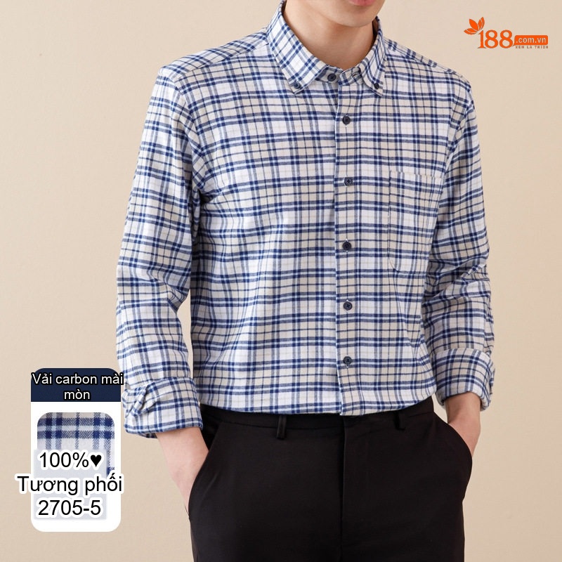 Áo Sơ Mi Tay Dài Nam Cotton Kẻ Caro Mài Lông Phong Cách Công Sở