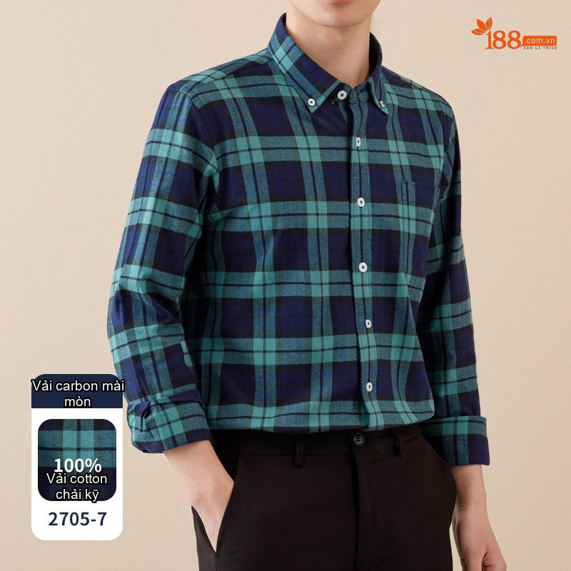 Áo Sơ Mi Tay Dài Nam Cotton Kẻ Caro Mài Lông Phong Cách Công Sở