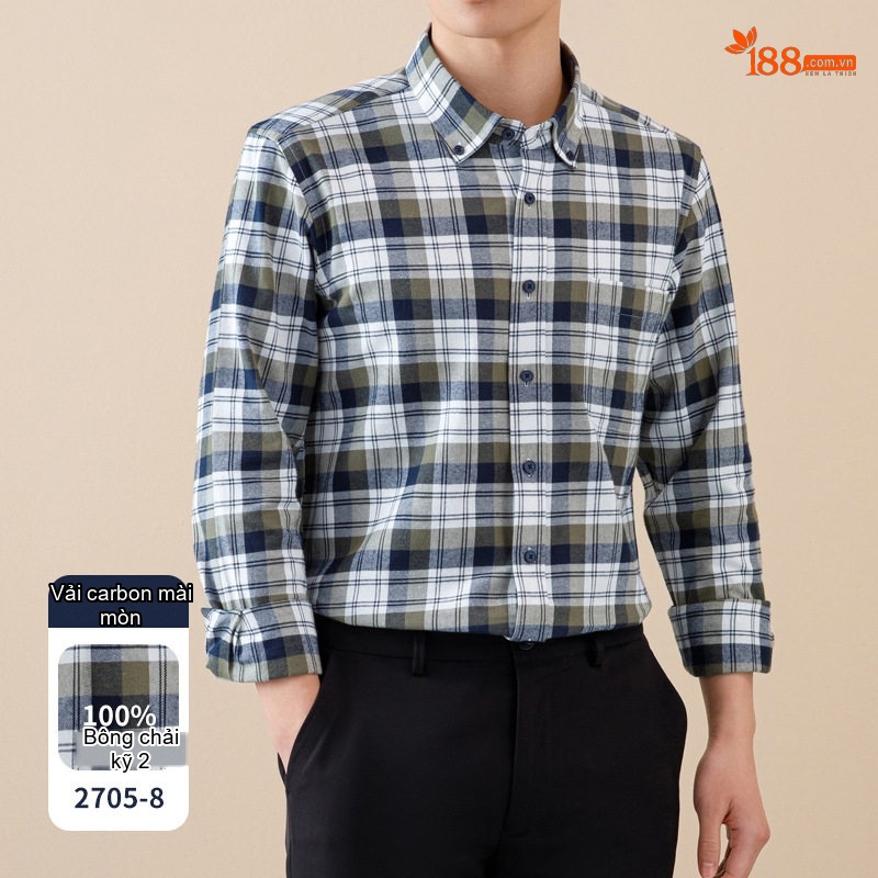 Áo Sơ Mi Tay Dài Nam Cotton Kẻ Caro Mài Lông Phong Cách Công Sở
