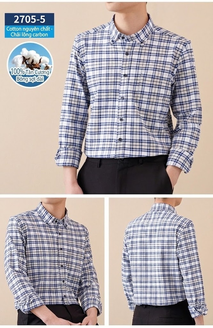 Áo Sơ Mi Tay Dài Nam Cotton Kẻ Caro Mài Lông Phong Cách Công Sở chi tiết 26