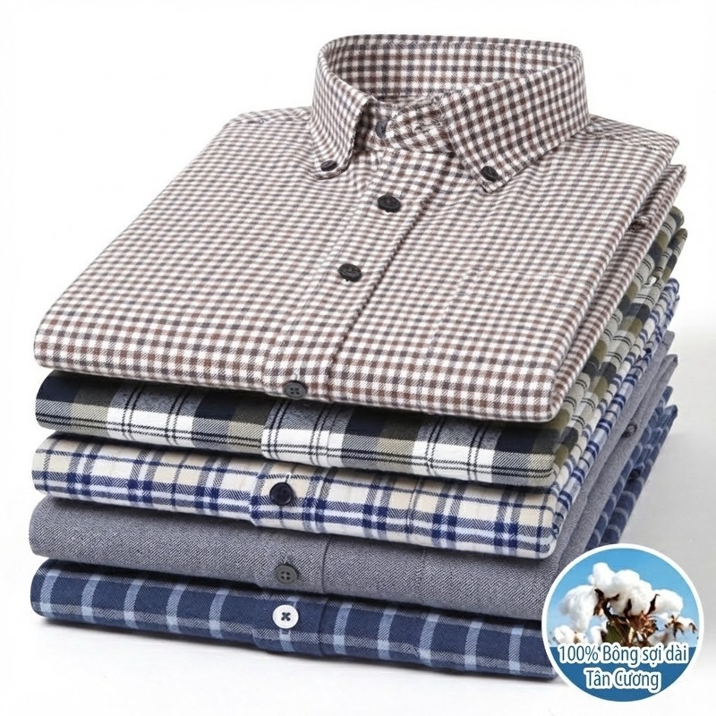Áo Sơ Mi Tay Dài Nam Cotton Kẻ Caro Mài Lông Phong Cách Công Sở