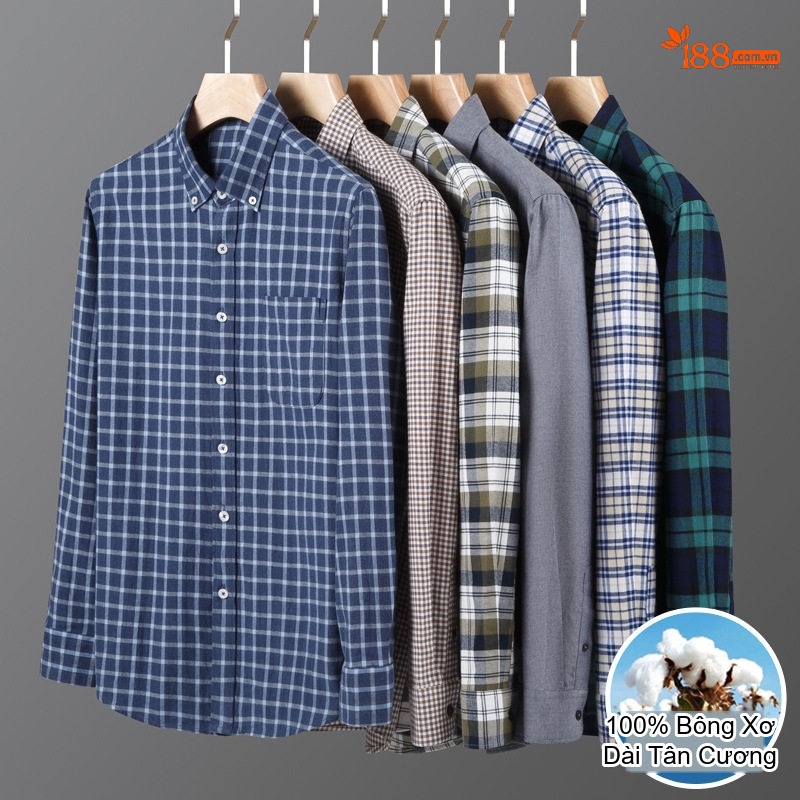 Áo Sơ Mi Tay Dài Nam Cotton Kẻ Caro Mài Lông Phong Cách Công Sở