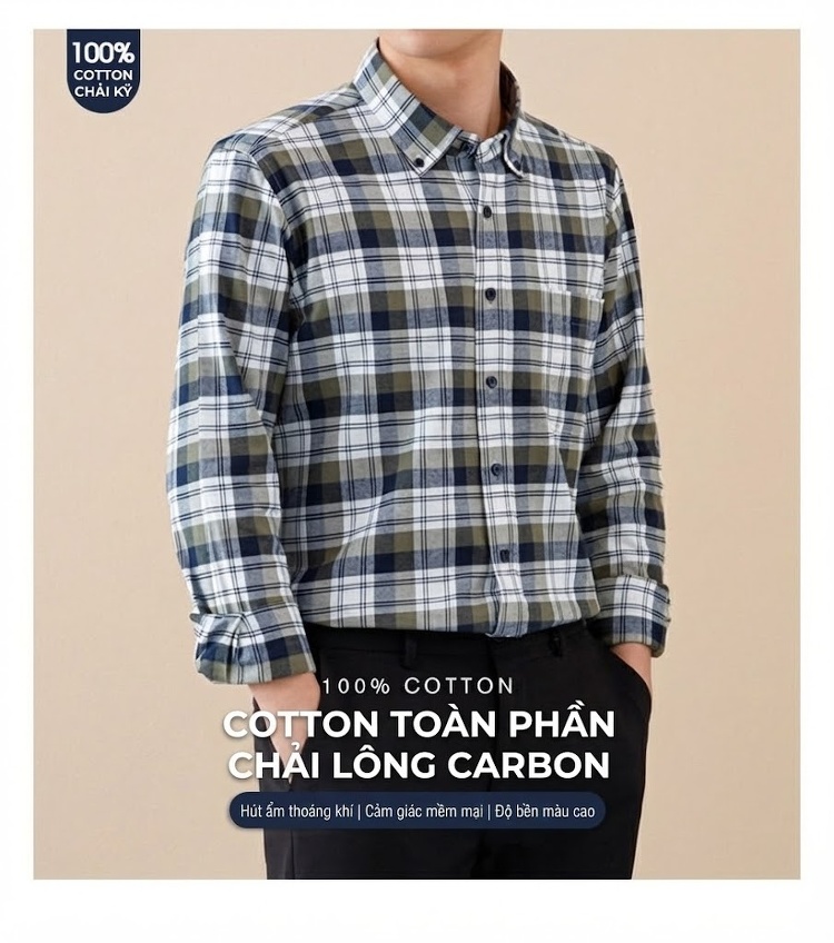 Áo Sơ Mi Tay Dài Nam Cotton Kẻ Caro Mài Lông Phong Cách Công Sở chi tiết 1