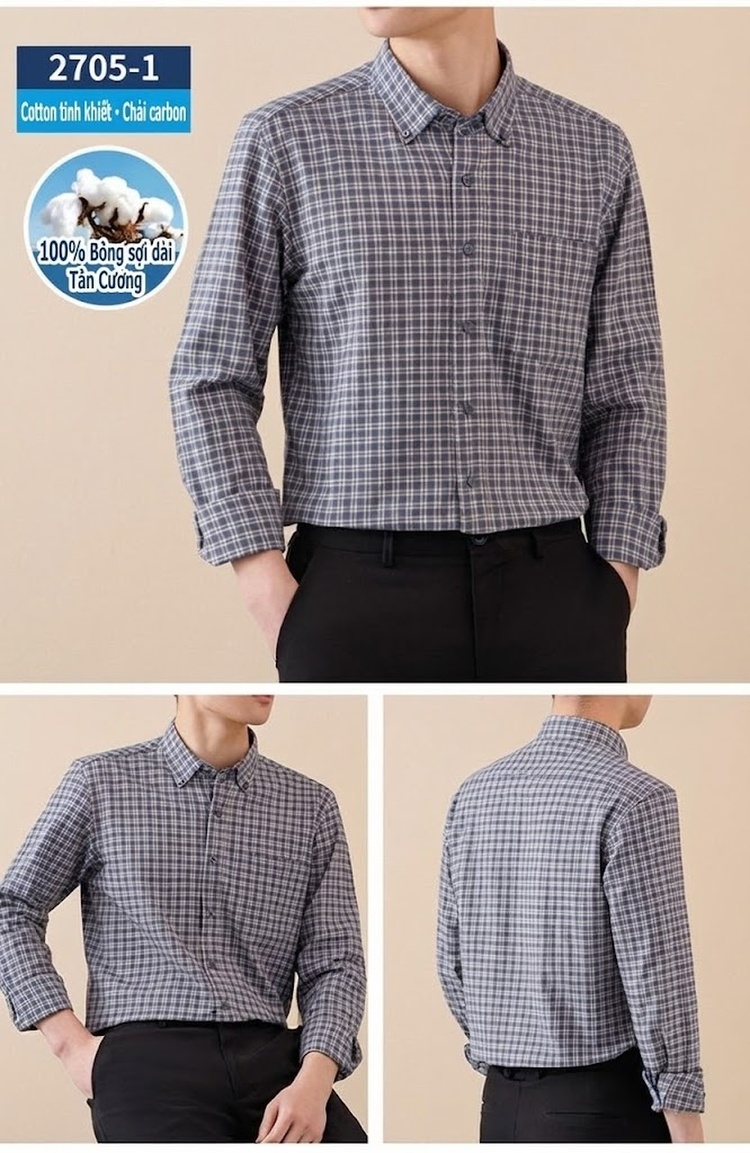 Áo Sơ Mi Tay Dài Nam Cotton Kẻ Caro Mài Lông Phong Cách Công Sở chi tiết 23