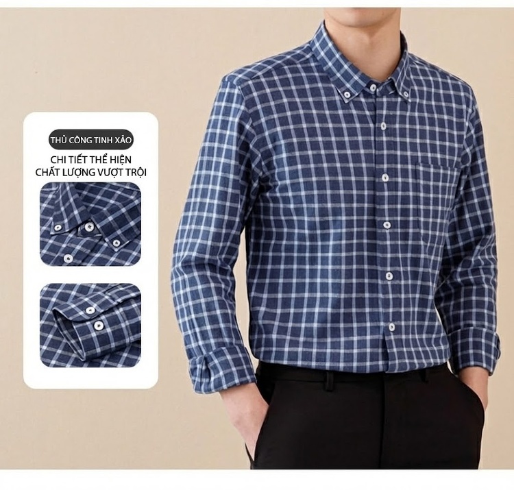 Áo Sơ Mi Tay Dài Nam Cotton Kẻ Caro Mài Lông Phong Cách Công Sở chi tiết 2