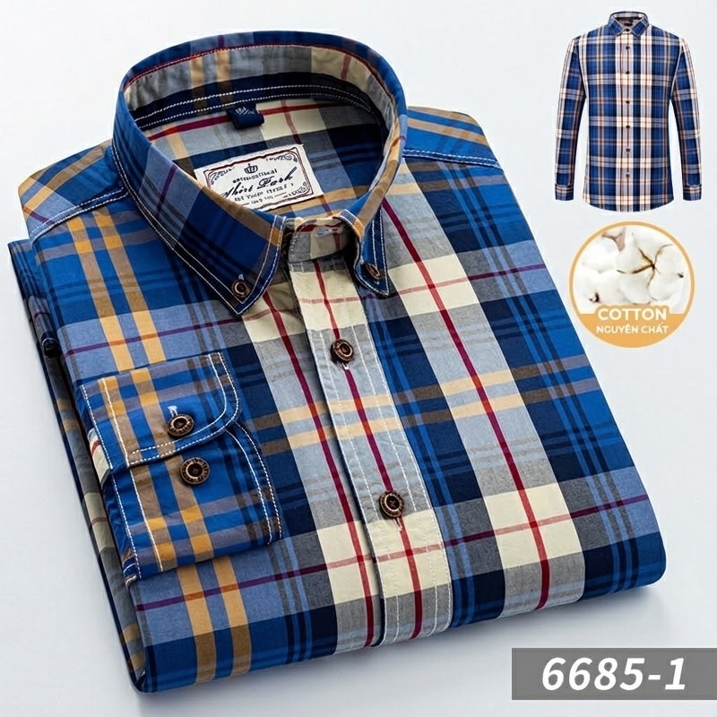 Áo Sơ Mi Tay Dài Nam Cotton Kẻ Caro Thời Trang Công Sở Hàng Ngày Màu Xanh, Đen, Đỏ, Xám...