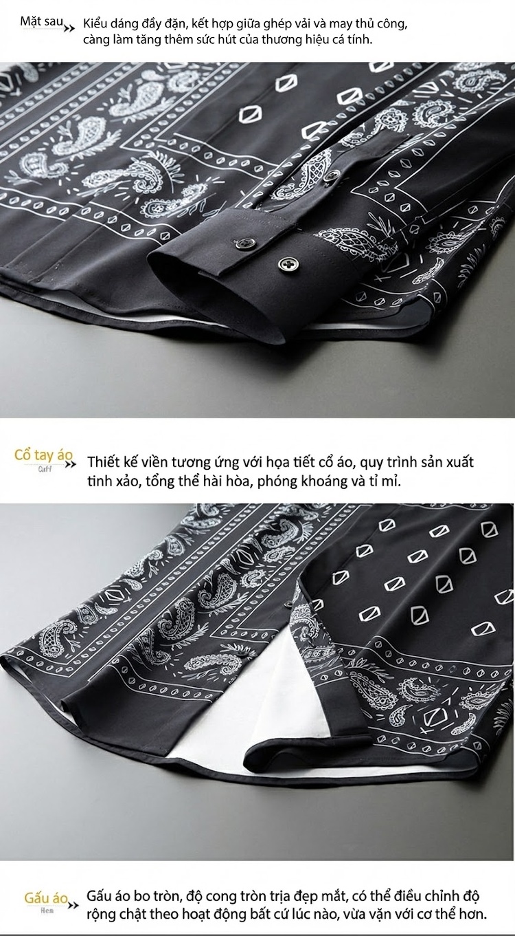 Áo Sơ Mi Tay Dài Nam Họa Tiết Paisley Chống Nhăn Phong Cách Retro Màu Đen chi tiết 9