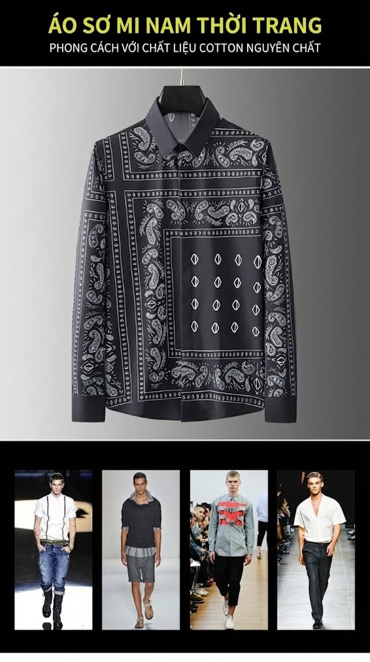 Áo Sơ Mi Tay Dài Nam Họa Tiết Paisley Chống Nhăn Phong Cách Retro Màu Đen chi tiết 1