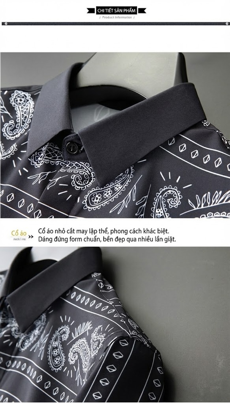 Áo Sơ Mi Tay Dài Nam Họa Tiết Paisley Chống Nhăn Phong Cách Retro Màu Đen chi tiết 8