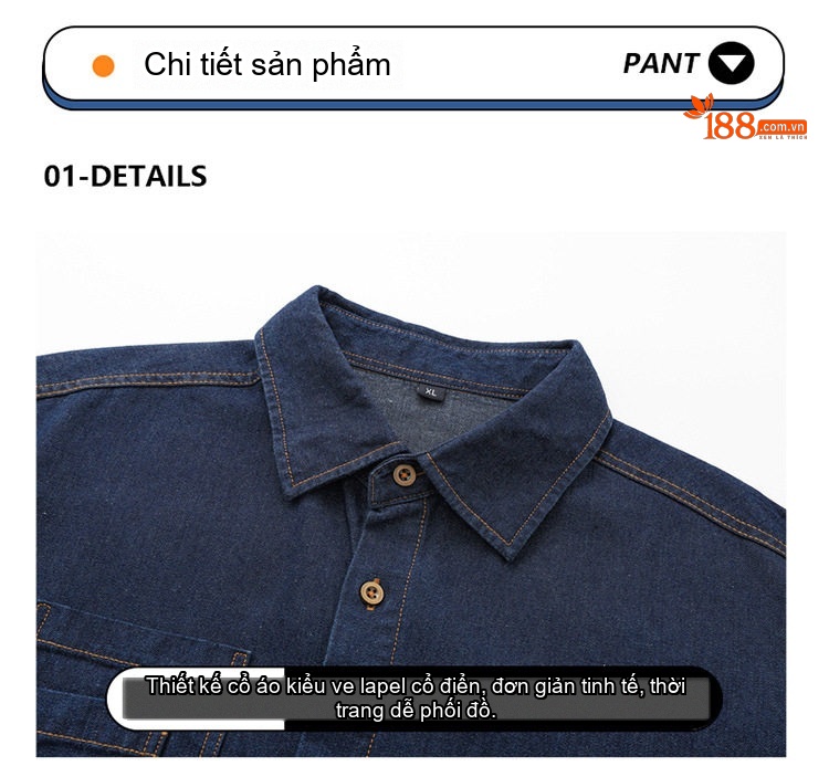 Áo Sơ Mi Tay Dài Nam Kiểu Jacket Cổ Bẻ Denim Màu Xanh Dương, Xanh Đậm chi tiết 11