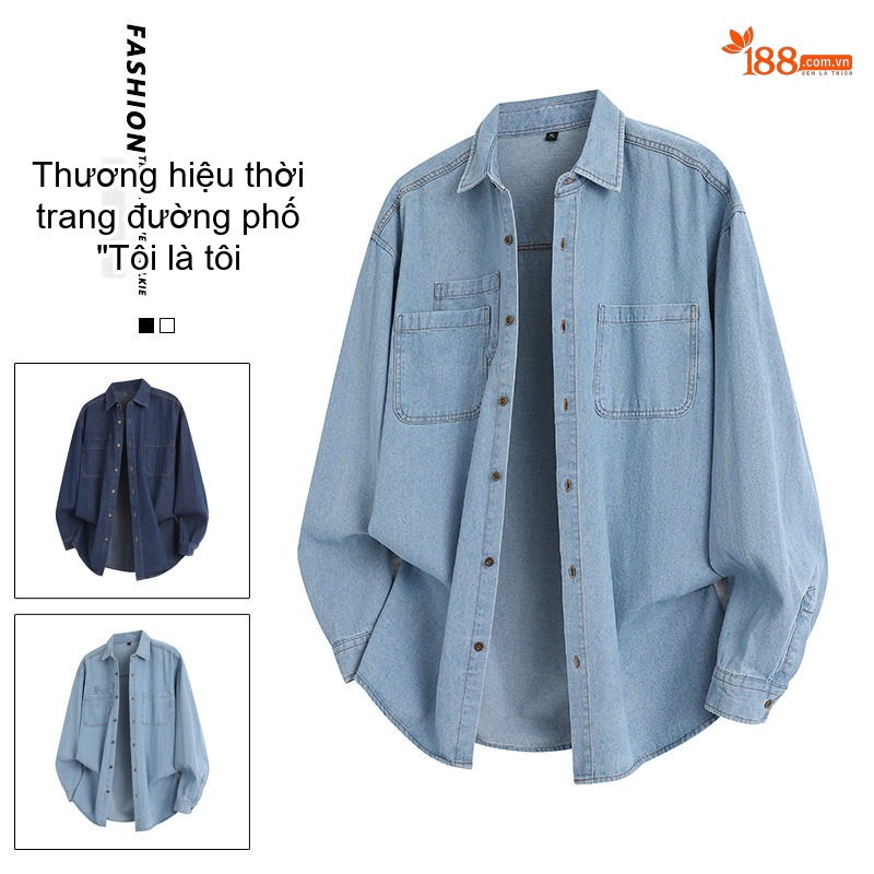 Áo Sơ Mi Tay Dài Nam Kiểu Jacket Cổ Bẻ Denim Màu Xanh Dương, Xanh Đậm