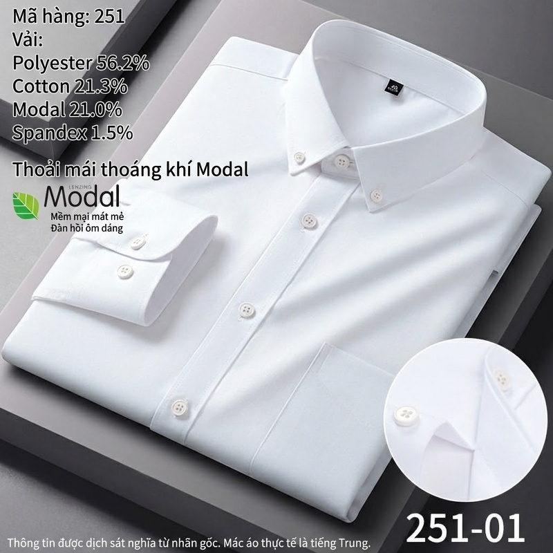 Áo Sơ Mi Tay Dài Nam Modal Cotton Không Nhăn Công Sở Màu Xanh, Trắng, Hồng, Xám