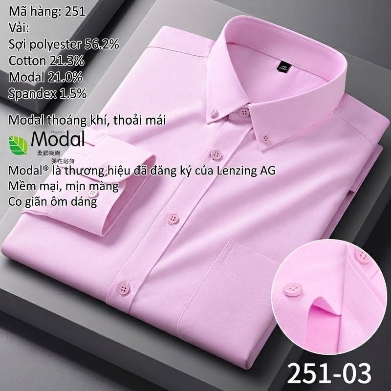 Áo Sơ Mi Tay Dài Nam Modal Cotton Không Nhăn Công Sở Màu Xanh, Trắng, Hồng, Xám