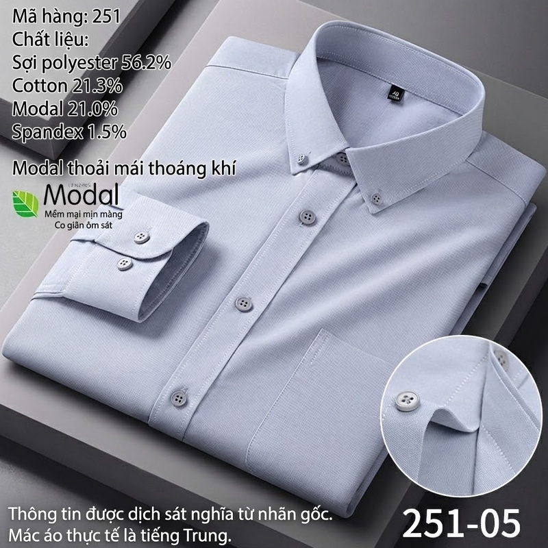Áo Sơ Mi Tay Dài Nam Modal Cotton Không Nhăn Công Sở Màu Xanh, Trắng, Hồng, Xám