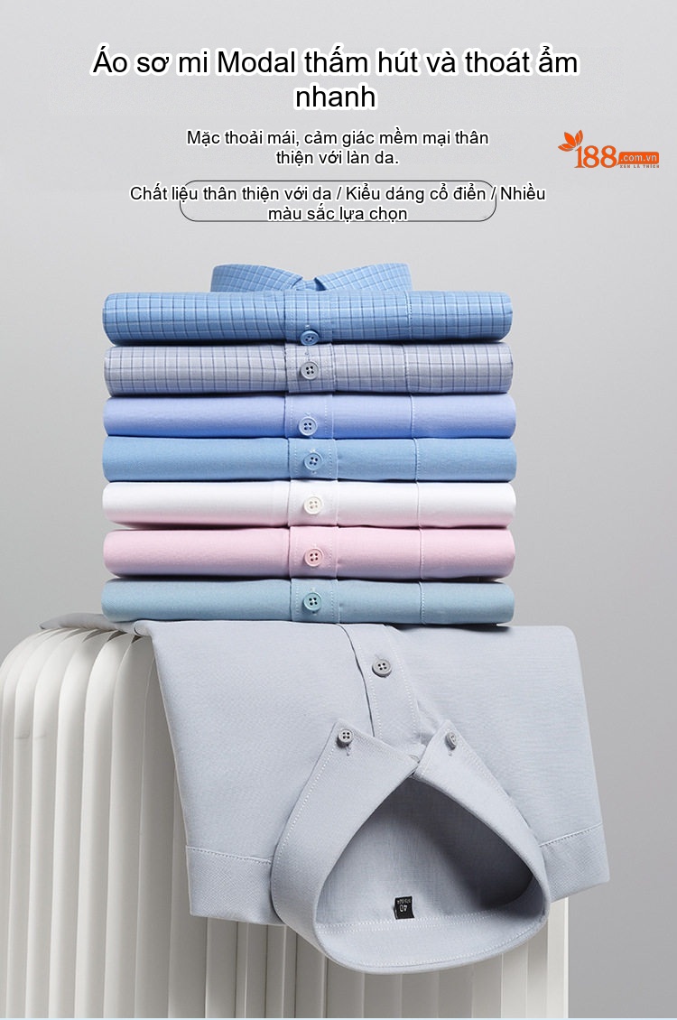 Áo Sơ Mi Tay Dài Nam Modal Cotton Không Nhăn Công Sở Màu Xanh, Trắng, Hồng, Xám chi tiết 1
