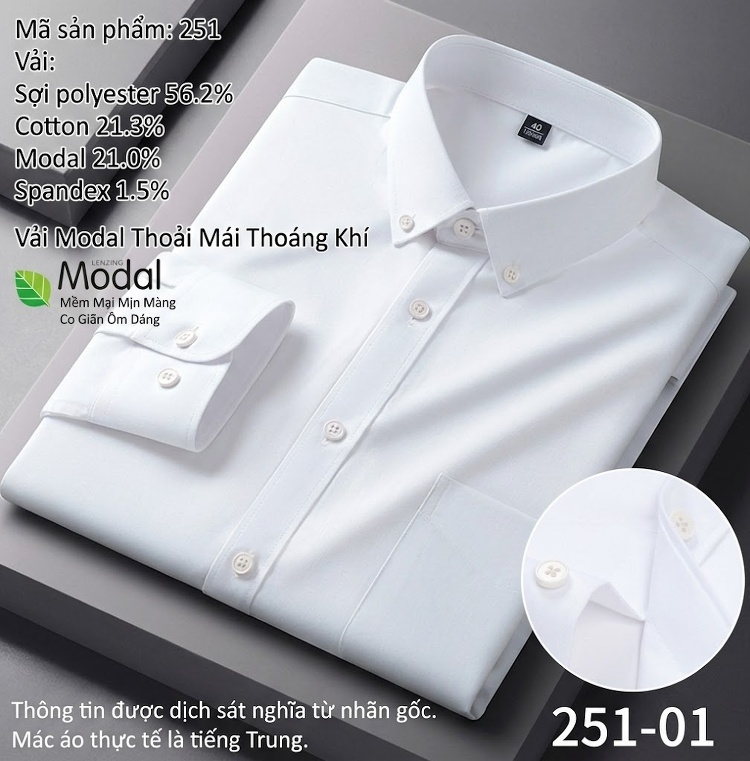 Áo Sơ Mi Tay Dài Nam Modal Cotton Không Nhăn Công Sở Màu Xanh, Trắng, Hồng, Xám chi tiết 15