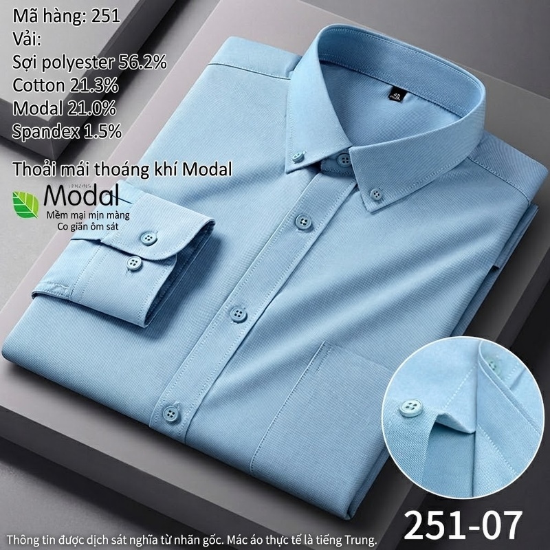 Áo Sơ Mi Tay Dài Nam Modal Cotton Không Nhăn Công Sở Màu Xanh, Trắng, Hồng, Xám