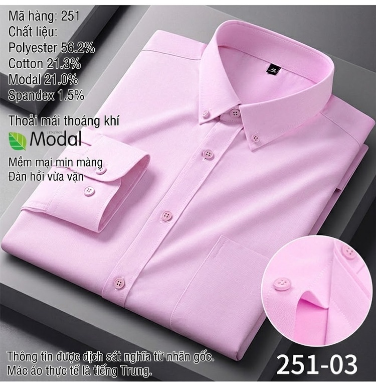 Áo Sơ Mi Tay Dài Nam Modal Cotton Không Nhăn Công Sở Màu Xanh, Trắng, Hồng, Xám chi tiết 17