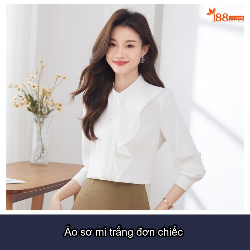 Áo Sơ Mi Tay Dài Nữ Thiết Kế Bèo Nhún Cổ Trụ Phong Cách Thời Trang Thanh Lịch Màu Hồng, Xanh Navy, Trắng, Xanh...