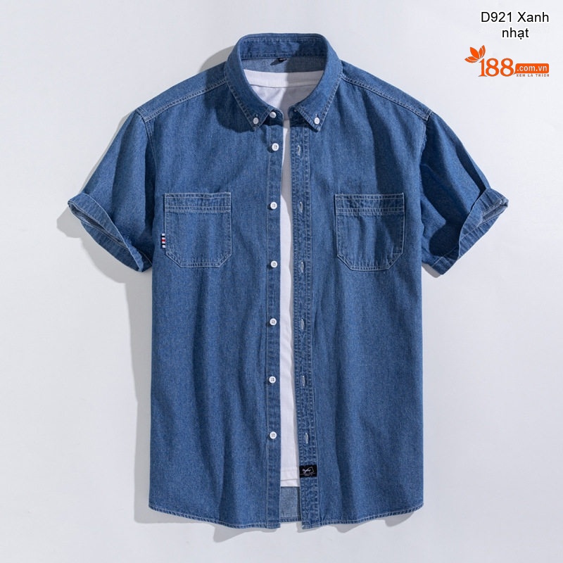 Áo Sơ Mi Tay Ngắn Cotton Denim Nam Phong Cách Hàn Quốc Màu Xanh Dương Nhạt, Xanh Dương Đậm