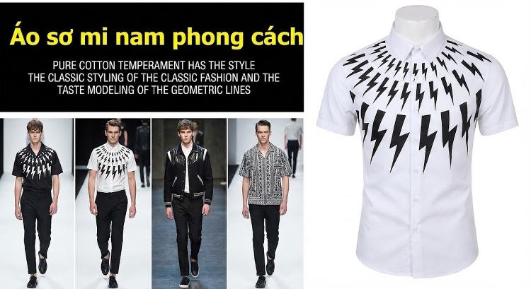 Áo Sơ Mi Tay Ngắn In Hình Tia Chớp Phong Cách Tối Giản Âu Mỹ Màu Đen, Trắng chi tiết 1
