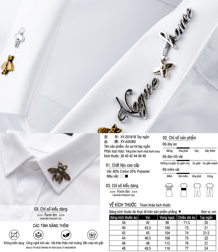 Áo Sơ Mi Tay Ngắn Nam Cotton Trang Trí Hợp Kim Phong Cách Thời Trang Màu Trắng, Đen, Xanh Dương, Xanh Navy... chi tiết 2