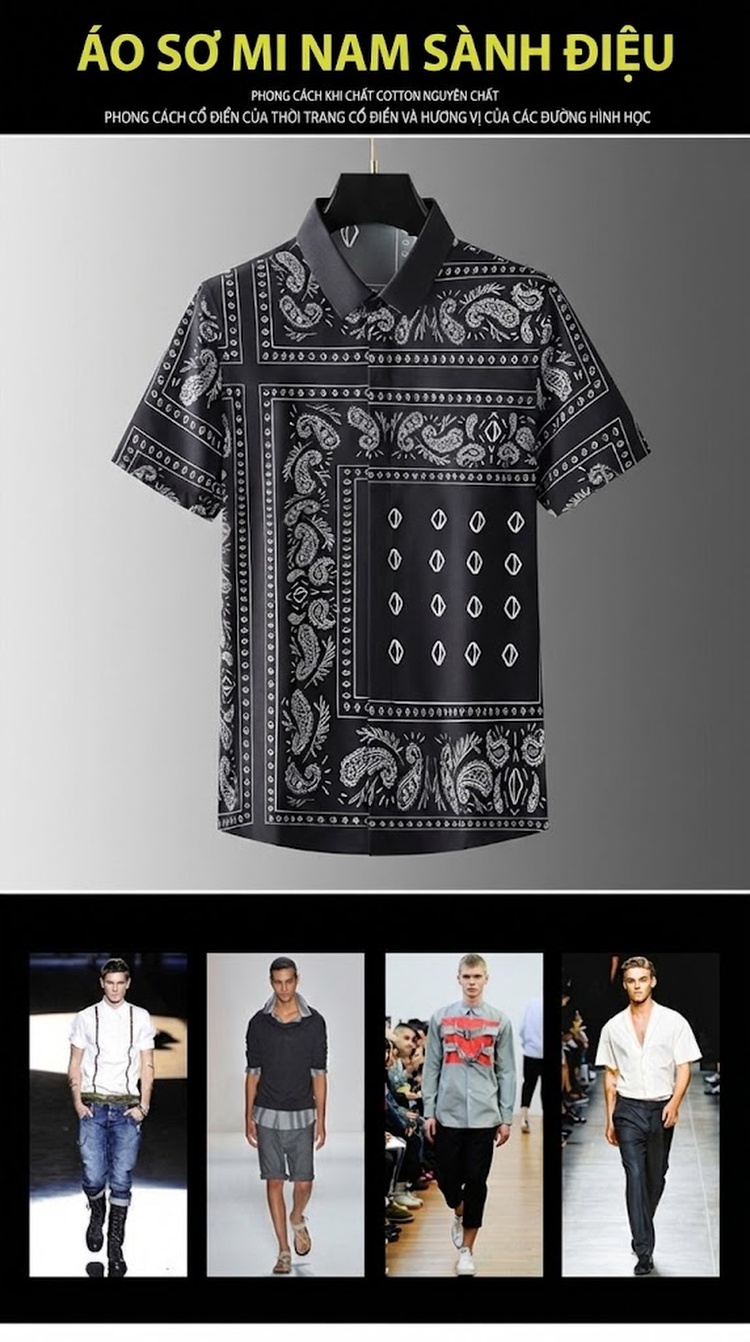 Áo Sơ Mi Tay Ngắn Nam Họa Tiết Paisley Chống Nhăn Màu Đen chi tiết 1