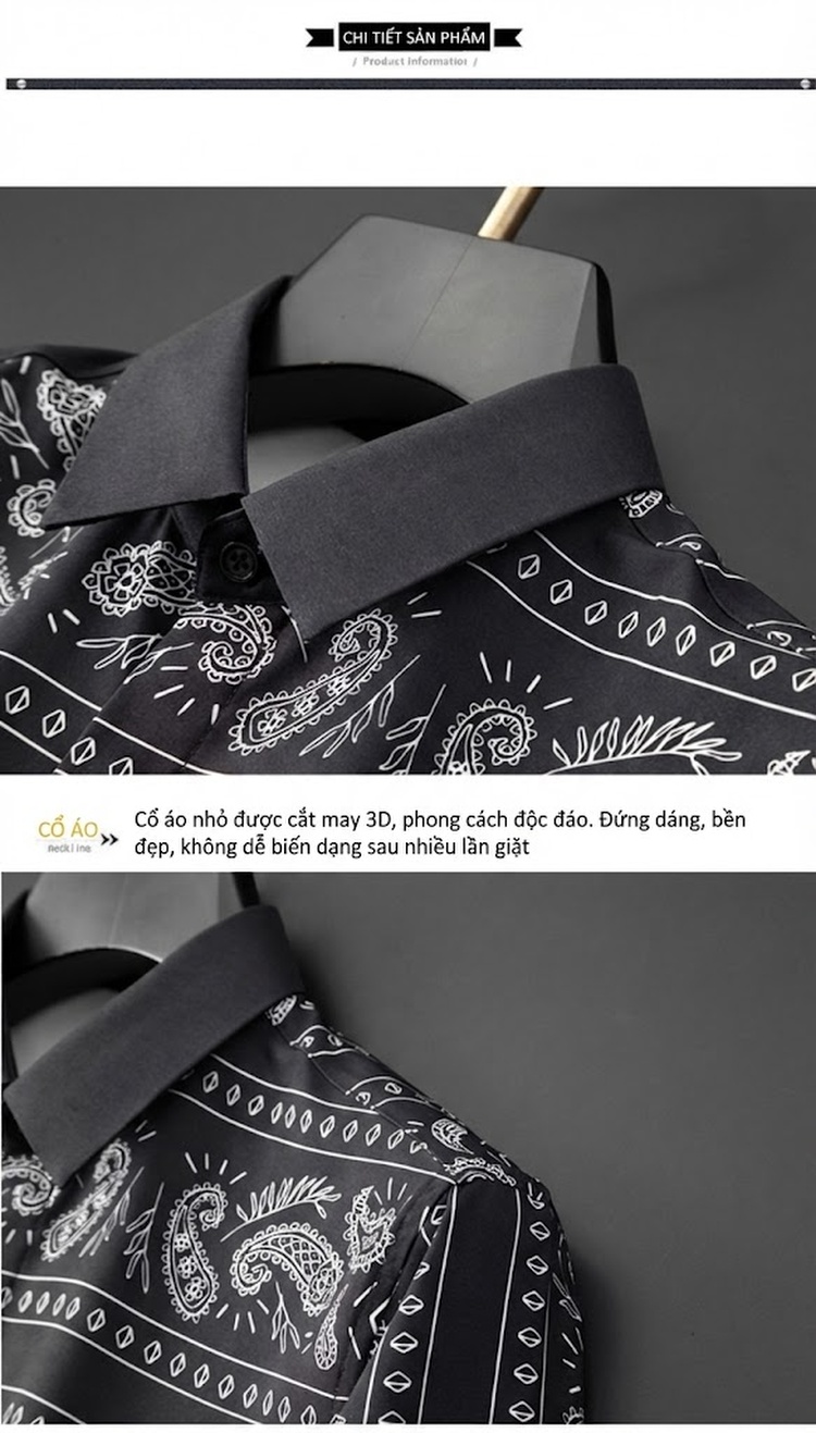 Áo Sơ Mi Tay Ngắn Nam Họa Tiết Paisley Chống Nhăn Màu Đen chi tiết 9