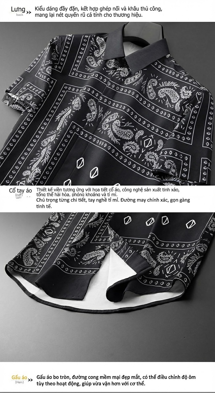Áo Sơ Mi Tay Ngắn Nam Họa Tiết Paisley Chống Nhăn Màu Đen chi tiết 10
