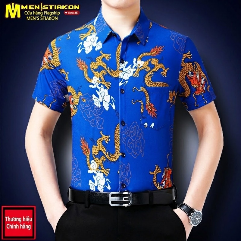 Áo Sơ Mi Tay Ngắn Nam Họa Tiết Rồng Phong Cách Trung Hoa Màu Xanh, Vàng, Đỏ, Đen
