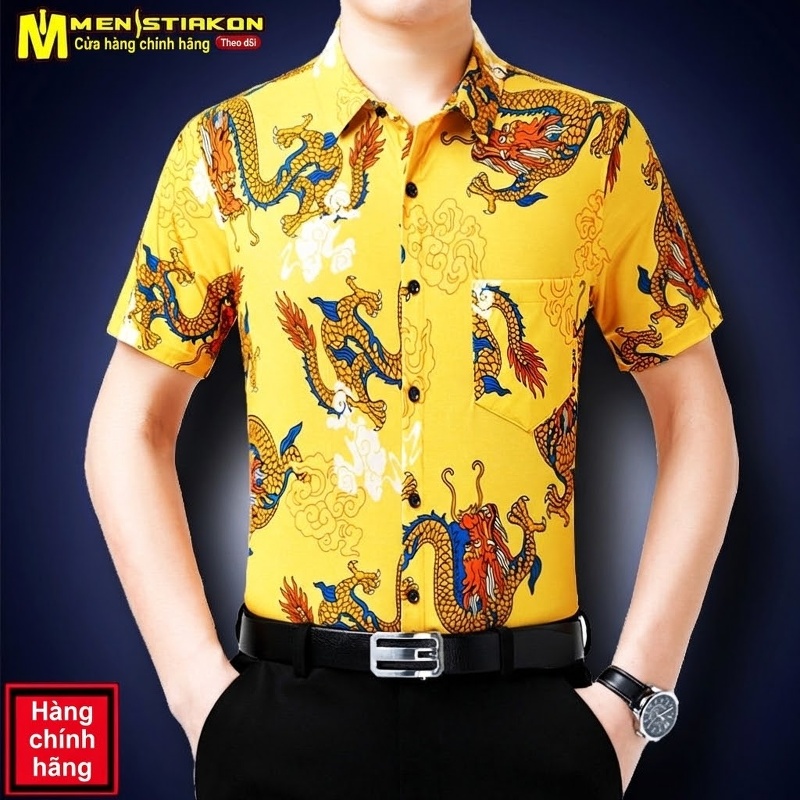 Áo Sơ Mi Tay Ngắn Nam Họa Tiết Rồng Phong Cách Trung Hoa Màu Xanh, Vàng, Đỏ, Đen