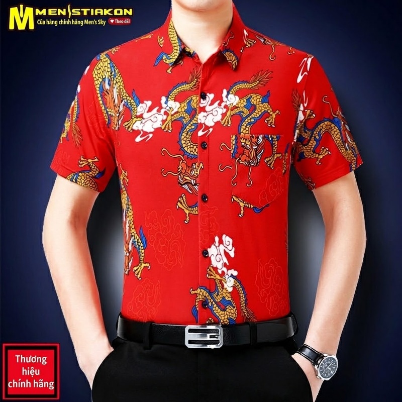 Áo Sơ Mi Tay Ngắn Nam Họa Tiết Rồng Phong Cách Trung Hoa Màu Xanh, Vàng, Đỏ, Đen