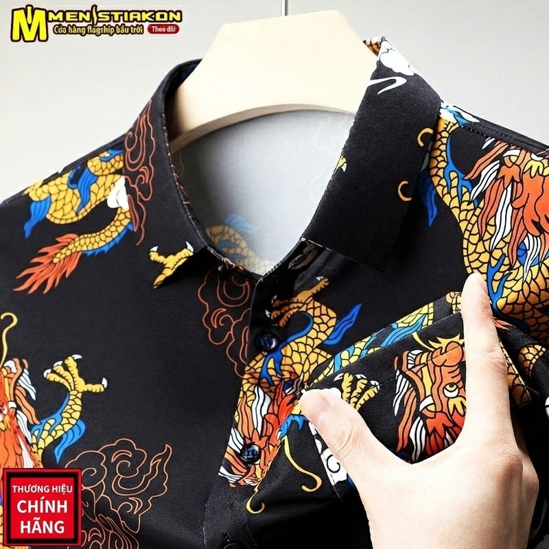 Áo Sơ Mi Tay Ngắn Nam Họa Tiết Rồng Phong Cách Trung Hoa Màu Xanh, Vàng, Đỏ, Đen