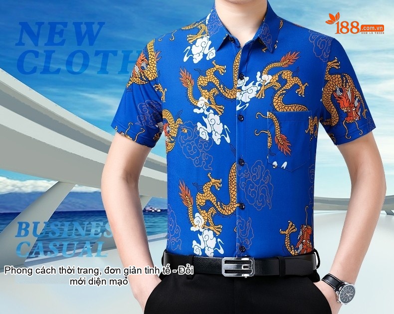 Áo Sơ Mi Tay Ngắn Nam Họa Tiết Rồng Phong Cách Trung Hoa Màu Xanh, Vàng, Đỏ, Đen chi tiết 1