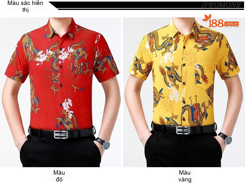 Áo Sơ Mi Tay Ngắn Nam Họa Tiết Rồng Phong Cách Trung Hoa Màu Xanh, Vàng, Đỏ, Đen chi tiết 4