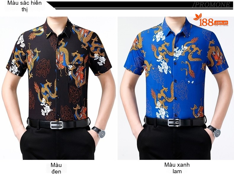 Áo Sơ Mi Tay Ngắn Nam Họa Tiết Rồng Phong Cách Trung Hoa Màu Xanh, Vàng, Đỏ, Đen chi tiết 5