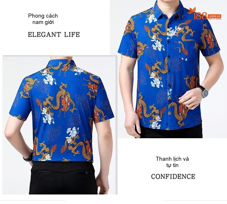 Áo Sơ Mi Tay Ngắn Nam Họa Tiết Rồng Phong Cách Trung Hoa Màu Xanh, Vàng, Đỏ, Đen chi tiết 19