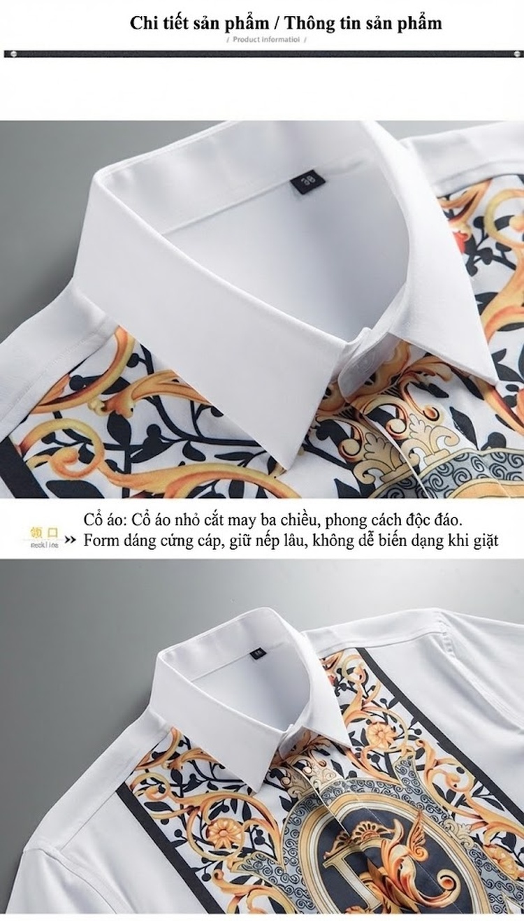 Áo Sơ Mi Tay Ngắn Nam In Họa Tiết Baroque Cổ Điển Phong Cách Âu Mỹ Màu Trắng chi tiết 9