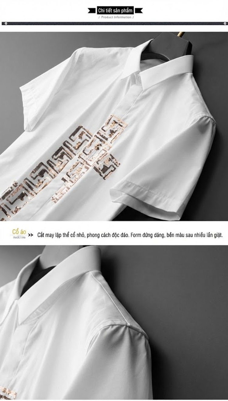Áo Sơ Mi Tay Ngắn Nam Thêu Kim Sa Hình Học Cao Cấp Màu Trắng, Đen chi tiết 10