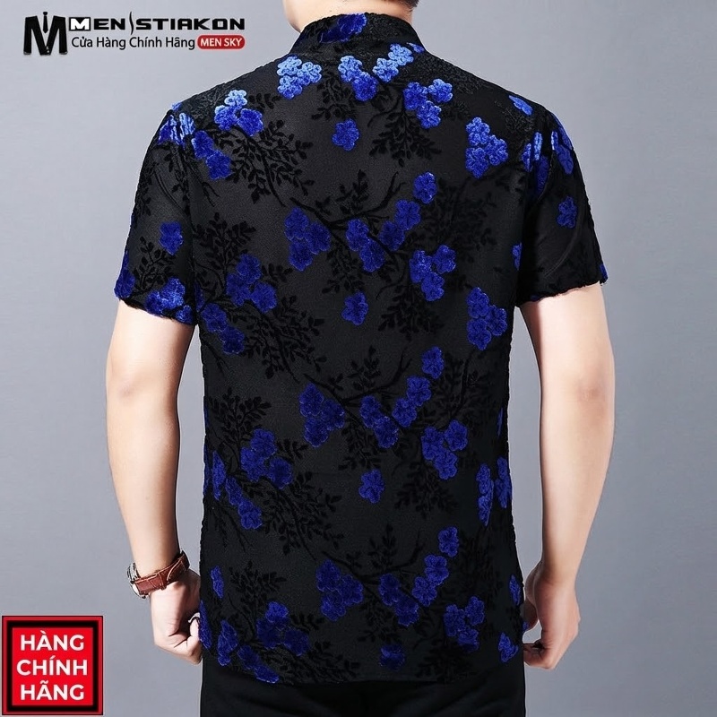 Áo Sơ Mi Tay Ngắn Nam Vải Nhung Gân Hoa Văn Hoa, Thân Hình Vừa Vặn Màu Đen, Xanh Dương, Đỏ
