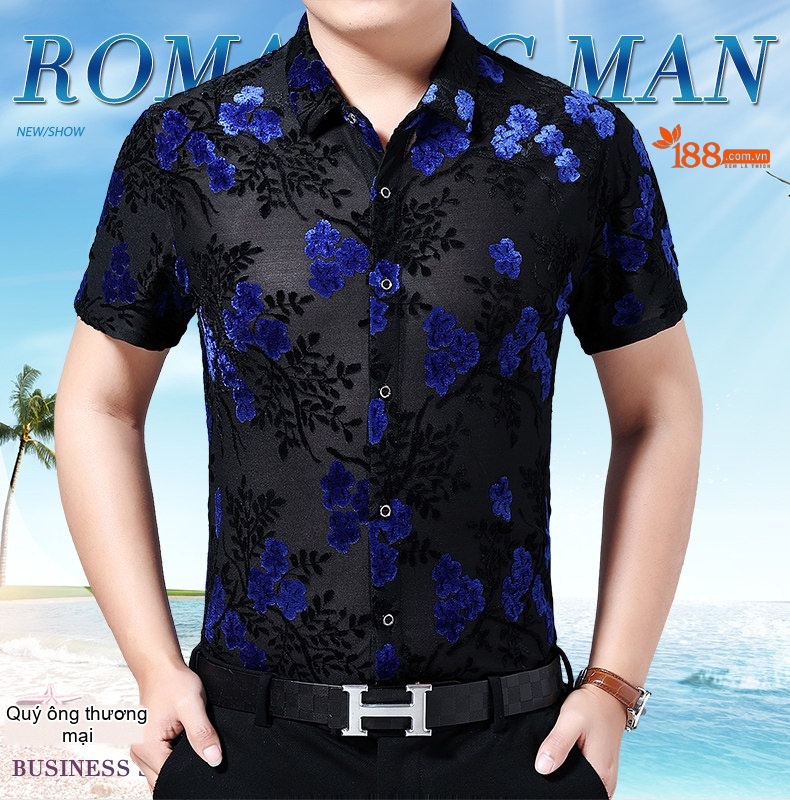 Áo Sơ Mi Tay Ngắn Nam Vải Nhung Gân Hoa Văn Hoa, Thân Hình Vừa Vặn Màu Đen, Xanh Dương, Đỏ chi tiết 1