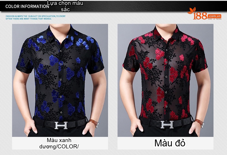 Áo Sơ Mi Tay Ngắn Nam Vải Nhung Gân Hoa Văn Hoa, Thân Hình Vừa Vặn Màu Đen, Xanh Dương, Đỏ chi tiết 4