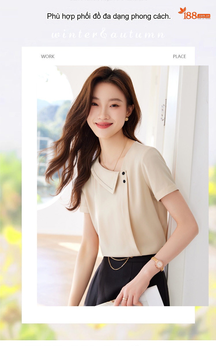 Áo Sơ Mi Tay Ngắn Nữ Cổ Điển Chất Liệu Voan Màu Trắng chi tiết 3